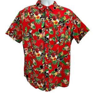 Disney Mickey Mouse Aloha XL Hawaiian Short Sleeve Shirt Red Tropical All-Over